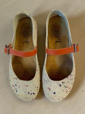 Art Cream Paint-Splatter Mary Jane Flats with Orange Strap Woman Size 37